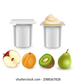 Set of Natural Yogurt packaging container jar design, including strawberry, cherry, apricot taste, template of vector illustration