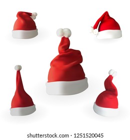 Set of Naturalistic 3D version of Santa Claus hat on white background. Vector Illustration