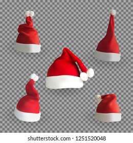 Set of Naturalistic 3D version of Santa Claus hat on a transparent background. Vector Illustration