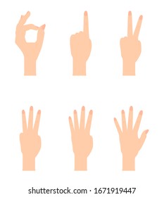 Set of Naturalistic Hand Silhouettes that show the numbers 0, 1, 2, 3, 4, 5 with flexion of the fingers. Vector Illustraion. EPS10