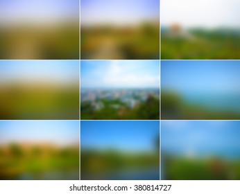 Set of nature abstract backgrounds with landscape of green grass and the blue sky, river skyline, blur texture, 4x3, in vector