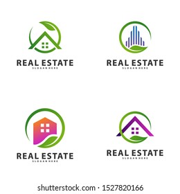 Set of Nature Building Idea logo template, Modern City with Leaf logo designs concept, Real Estate logo Vector Illustration
