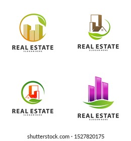 Set of Nature Building Idea logo template, Modern City with Leaf logo designs concept, Real Estate logo Vector Illustration