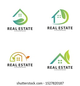 Set of Nature Building Idea logo template, Modern City with Leaf logo designs concept, Real Estate logo Vector Illustration