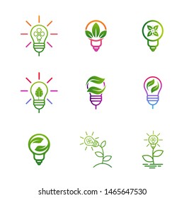Set of Nature Bulb logo design vector template. Bulb with Leaf logo design concept. Icon Symbol
