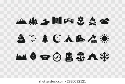 Set of nature and camping icons, vector illustration of outdoor activities, mountains, trees, river, waterfall, bridge, flower, bonfire, clouds, tent, hiking boots, axe, sun, compass, backpack, mushroom, cave, snowflake