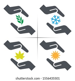 set nature conservation in both hands trees, leaves, snow, clover, sun. Vector isolated eps10 on white background