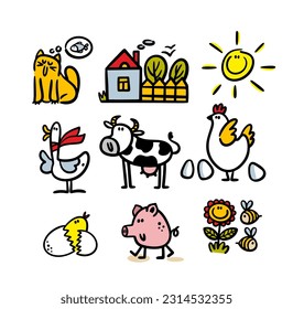 Set of nature in countryside farm life animals. Vector illustration of pets, birds and flowers in the garden near the farmer villagehouse. Cartoon collection of stickman  isolated on white background.