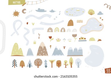 Set of nature elements. Cartoon funny illustration isolated on white background. Vector art collection