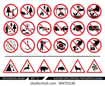 Set of nature exploitation signs. Collection of prohibition signs. Exploitation of nature banned. National Parks are protected areas.