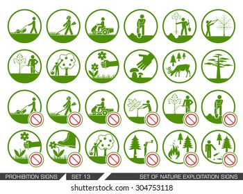 Set of nature exploitation signs. Set of signs that signify permitted and prohibited behavior in nature. Collection of forest and parks signs. Exploitation of nature.