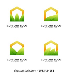 set nature home logo, house and leaf, combination logo with 3d green and yellow color style