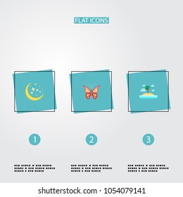 Set of nature icons flat style symbols with moonlight, butterfly, island icons for your web mobile app logo design.