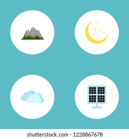 Set Of Nature Icons Flat Style Symbols With Mountains, Moonlight, Solar Panel And Other Icons For Your Web Mobile App Logo Design.