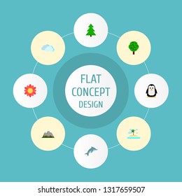 Set of nature icons flat style symbols with penguin, tree, flower and other icons for your web mobile app logo design.