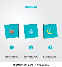 Set of nature icons flat style symbols with moonlight, butterfly, drop and other icons for your web mobile app logo design.