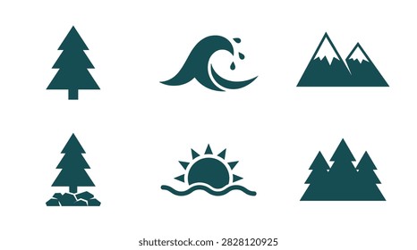 Set of nature icons including trees mountains wave and sun over water