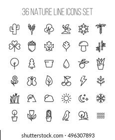 Set of nature icons in modern thin line style. High quality black outline leaves and trees symbols for web site design and mobile apps. Simple linear nature pictograms on a white background.