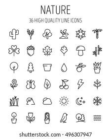 Set of nature icons in modern thin line style. High quality black outline leaves and trees symbols for web site design and mobile apps. Simple linear nature pictograms on a white background.