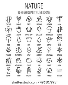 Set of nature icons in modern thin line style. High quality black outline leaves and trees symbols for web site design and mobile apps. Simple linear nature pictograms on a white background.
