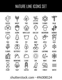 Set of nature icons in modern thin line style. High quality black outline leaves and trees symbols for web site design and mobile apps. Simple linear nature pictograms on a white background.