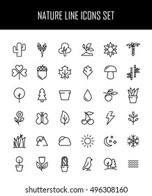 Set of nature icons in modern thin line style. High quality black outline leaves and trees symbols for web site design and mobile apps. Simple linear nature pictograms on a white background.
