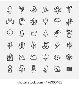 Set of nature icons in modern thin line style. High quality black outline leaves and trees symbols for web site design and mobile apps. Simple linear nature pictograms on a white background.