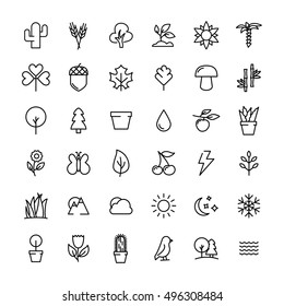 Set of nature icons in modern thin line style. High quality black outline leaves and trees symbols for web site design and mobile apps. Simple linear nature pictograms on a white background.