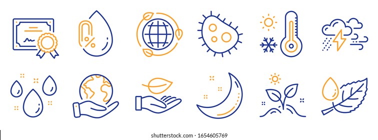 Set of Nature icons, such as Bacteria, No alcohol. Certificate, save planet. Grow plant, Weather thermometer, Leaf. Eco energy, Leaf dew, Rainy weather. Moon stars line icons. Vector