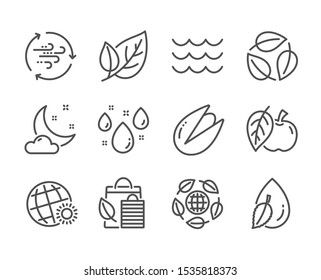 Set of Nature icons, such as Bio shopping, Leaf, Rainy weather, Wind energy, Waves, Apple, Water drop, World weather, Leaves, Pistachio nut, Eco organic line icons. Leaf, Ecology. Vector