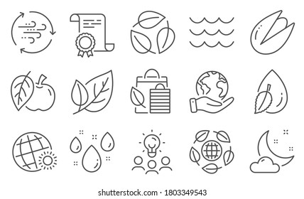 Set of Nature icons, such as Bio shopping, Leaf. Diploma, ideas, save planet. Rainy weather, Wind energy, Waves. Apple, Water drop, World weather. Leaves, Pistachio nut, Eco organic line icons. Vector