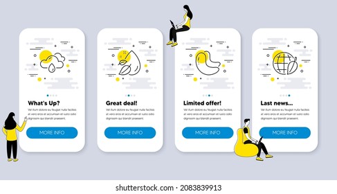 Set of Nature icons, such as Cashew nut, Rainy weather, Water drop icons. UI phone app screens with people. Environment day line symbols. Vegetarian food, Rain, Serum oil. Safe world. Vector