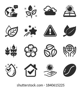 Set of Nature icons, such as Coffee beans, Water drop, Cloudy weather symbols. Mint leaves, Plants watering, Sun protection signs. Organic tested, Leaf, Gluten free. Natural linen, Leaves. Vector