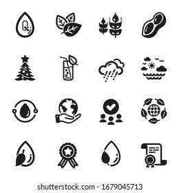 Set of Nature icons, such as Cold-pressed oil, Water glass. Certificate, approved group, save planet. No alcohol, Travel sea, Organic tested. Leaf dew, Eco organic, Christmas tree. Vector