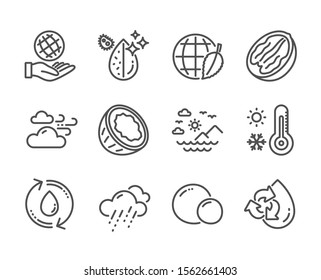 Set of Nature icons, such as Dirty water, Weather thermometer, Coconut, Refill water, Rainy weather, Pecan nut, Environment day, Peas, Safe planet, Sea mountains line icons. Dirty water icon. Vector
