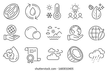 Set of Nature icons, such as Dirty water, Weather thermometer. Diploma, ideas, save planet. Coconut, Refill water, Rainy weather. Pecan nut, Environment day, Peas. Vector