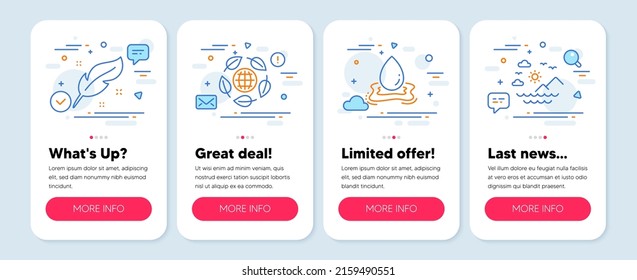 Set of Nature icons, such as Eco organic, Water splash, Feather symbols. Mobile screen banners. Sea mountains line icons. Bio ingredients, Aqua drop, Nib pen. Summer travel. Eco organic icons. Vector