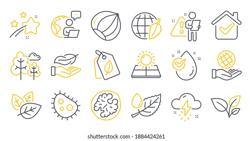 Set of Nature icons, such as Environment day, Tree, Leaf dew symbols. Thunderstorm weather, Safe planet, Sun energy signs. Lightweight, Hazelnut, Walnut. Water drop, Organic tested, Leaves. Vector