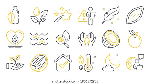 Set of Nature icons, such as Helping hand, Water analysis, Safe water symbols. Night weather, Feather, Cocoa nut signs. Apple, Waves, Pecan nut. Thermometer, Local grown, Plants watering. Vector