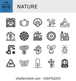 Set of nature icons. Such as Monkey, Compost, Pumpkin, Ocean, Forest, Tent, Eco, Turbine, Peak, Sun, Moisturizer, Cold water, Aromatic, Growth, Radish, Cockroach , nature icons