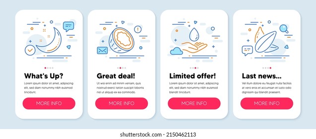 Set of Nature icons, such as Moon stars, Coconut, Water care symbols. Mobile app mockup banners. Sunflower seed line icons. Night, Vegetarian nut, Aqua drop. Vegetarian food. Moon stars icons. Vector