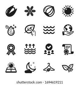 Set of Nature icons, such as Organic tested, Night weather. Certificate, approved group, save planet. Slow fashion, Waves, Evaporation. Sun energy, Dirty water, Leaves. Vector