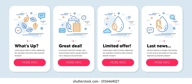 Set of Nature icons, such as Organic tested, Leaf dew, Bio shopping symbols. Mobile screen mockup banners. No alcohol line icons. Bio ingredients, Water drop, Leaf. Mineral oil. Vector