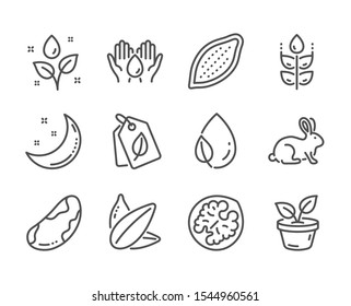 Set of Nature icons, such as Safe water, Moon stars, Leaf dew, Sunflower seed, Cocoa nut, Bio tags, Gluten free, Brazil nut, Leaves, Plants watering, Animal tested, Walnut line icons. Vector