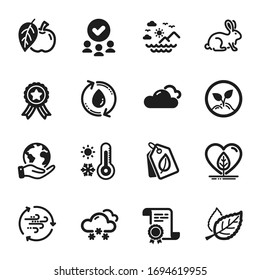 Set of Nature icons, such as Snow weather, Wind energy. Certificate, approved group, save planet. Bio tags, Weather thermometer, Leaf. Animal tested, Apple, Startup. Vector