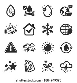 Set of Nature icons, such as Sun energy, Bad weather, Grow plant symbols. Snowflake, Flood insurance, Environment day signs. Vitamin e, Sunny weather, Bio tags. Cold-pressed oil. Vector