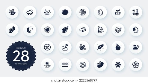 Set of Nature icons, such as Sun protection, Eco energy and Organic tested flat icons. World weather, Snowflake, Snow weather web elements. Sunflower seed, Startup, Moon signs. Feather. Vector