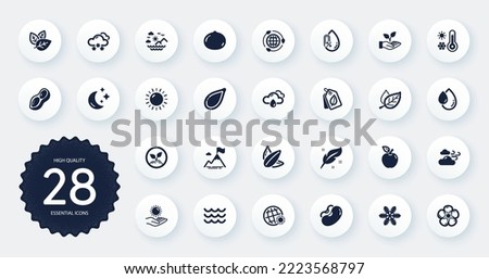 Set of Nature icons, such as Sun protection, Eco energy and Organic tested flat icons. World weather, Snowflake, Snow weather web elements. Sunflower seed, Startup, Moon signs. Feather. Vector