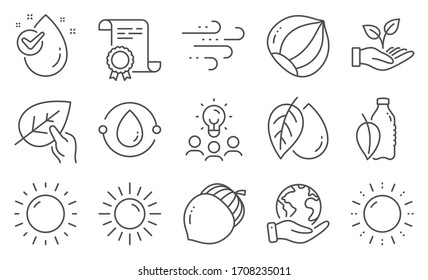 Set of Nature icons, such as Water drop, Windy weather. Diploma, ideas, save planet. Water bottle, Organic tested, Acorn. Cold-pressed oil, Helping hand, Mineral oil. Vector