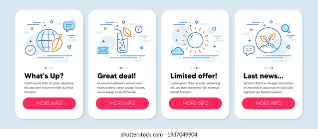 Set of Nature icons, such as Water glass, Environment day, Sunny weather symbols. Startup line icons. Vector